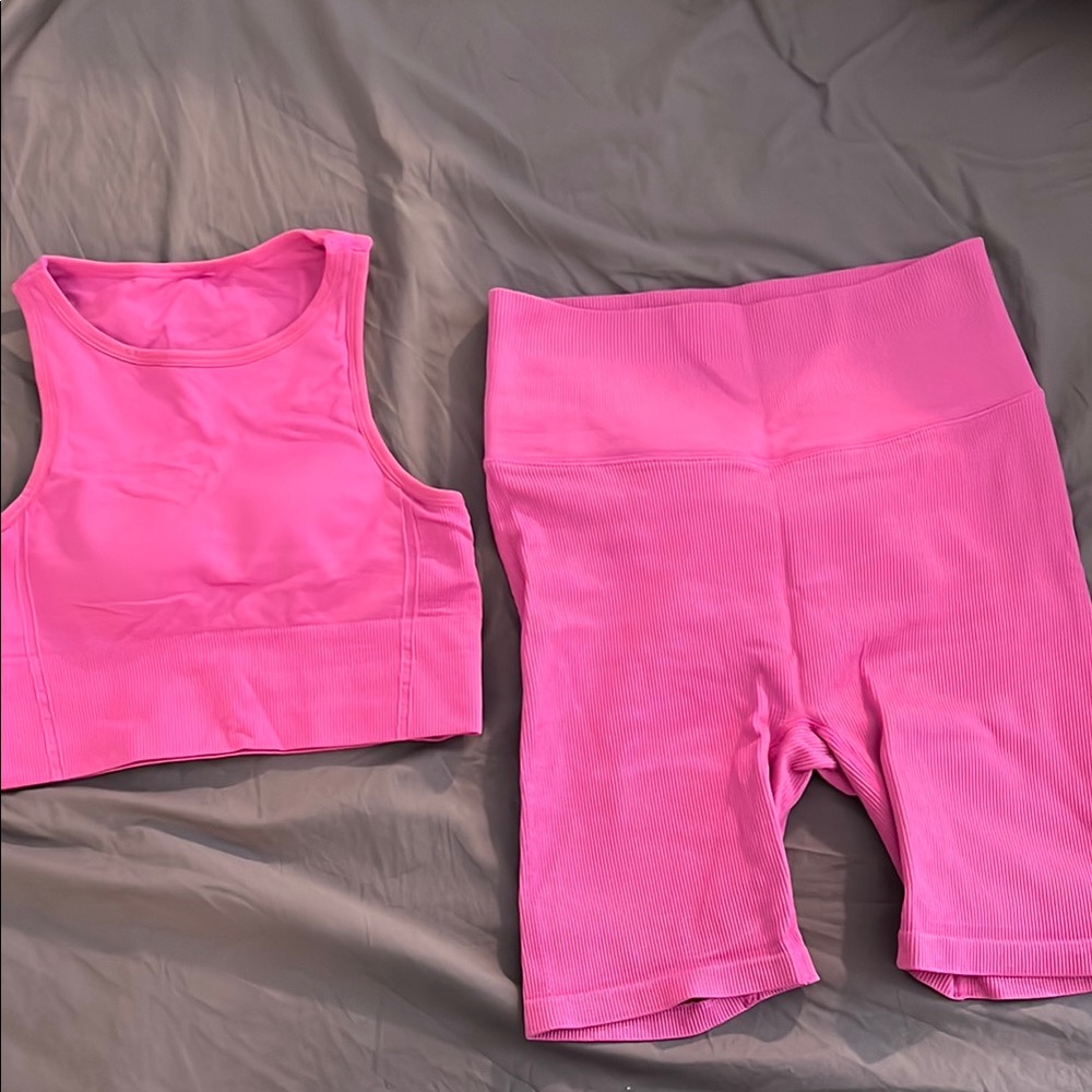 Hot Pink Ribbed Compression Shorts and Bra Set